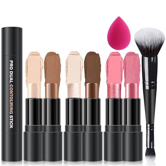 6 Colors Cream Contour Stick Makeup Contour Kit,Double-ended Cream Bronzer Stick,Highlighter Stick,Cream Blush Stick,Lightweight Contour Makeup Kit for Beginners - Set A