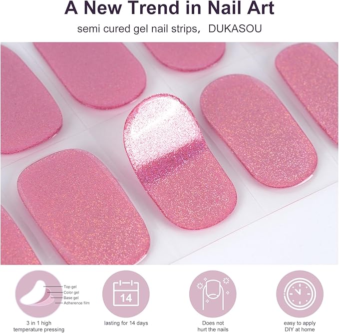 DUKASOU Semi Cured Gel Nail Strips, 56Pcs Nail Art Stickers/Wraps, Long Lasting UV Nail Polish Strips for Adults(Pink+Gold)