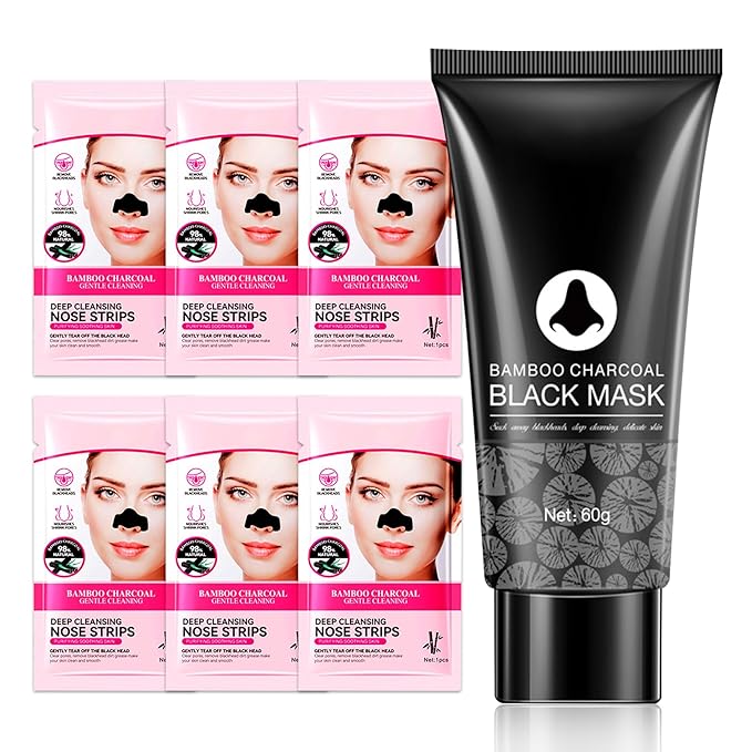 JunKuJK Charcoal Blackhead Remover Mask and 5 Pcs Blackhead Nose Strips,Gentle Nose Patches for Black Heads,Efficient Skincare Peel off Face Mask,Deep Cleansing Black Head Mask Set for All Skin Types