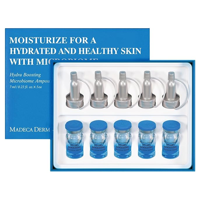 MADECA DERMA Hydra Boosting Microbiome Ampoule – Deep Hydration with Hyaluronic Acid & Panthenol, Korean Skincare for Intense Moisture, Skin Barrier Repair & Plumping (0.23 fl oz x 5 Bottles)