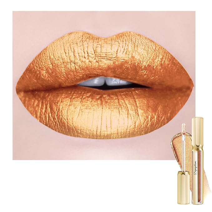 Depuplum Gold Lipsticks for Women Metallic Lipstick Long Lasting Non Stick Cup Lip Gloss, Shimmer Lightweight Hydrating Full Coverage Lip Color,DP111 Ponyo