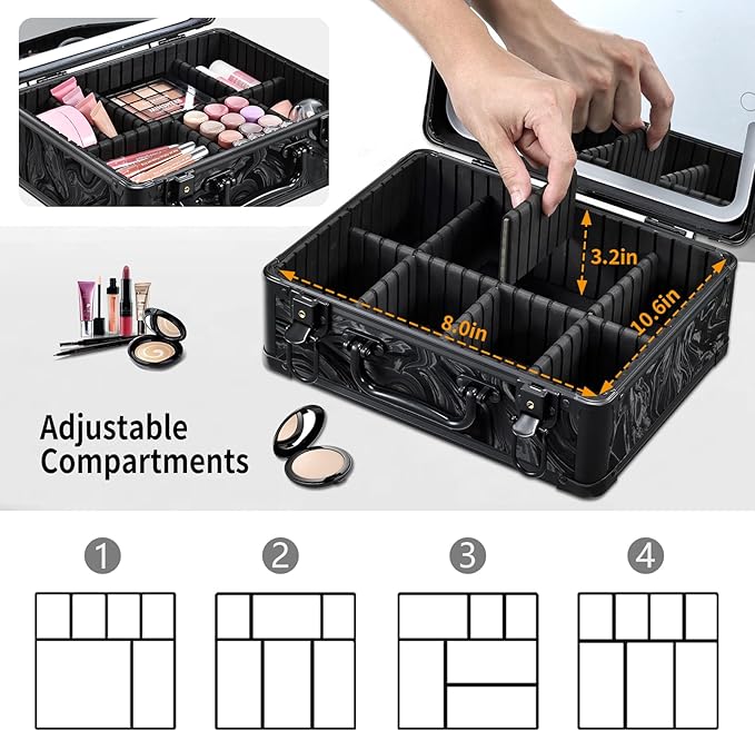 Makeup Bag with LED Mirror - Black Fluid-Color Makeup Box with Detachable Lighted Mirror, Travel Cosmetic Train Case Organizer with Adjustable Dividers and Tool Panel for Brushes
