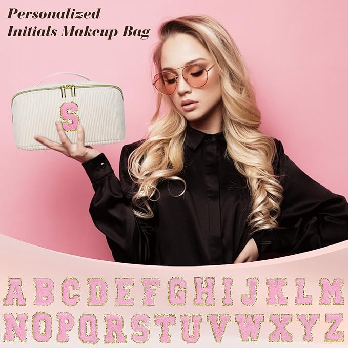 Personalized Initial Makeup Bag, Valentine's Day Gifts for Girls,Preppy Bag Cosmetic Travel Bag Women,Travel Toiletry Organizer,Large Capacity Corduroy Stuff Bag,Cute Cosmetic Pouch Skincare Bag