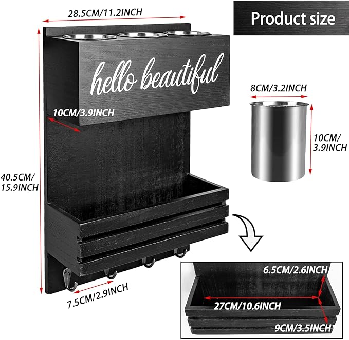 Wooden Hair Dryer Holder Wall-Mounted - 2 Tier Bathroom Storage Shelf Cosmetic & Hairdressing Tools Organizer for Bathroom Countertop/Vanity (Black)