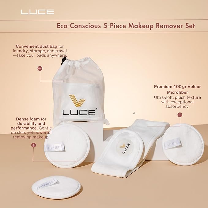 LUCE Lazy Eraser Makeup Remover Pads - Reusable Makeup Remover Pads (White, 5-Pack)