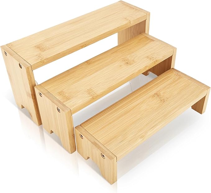 3 Tier Bamboo Display Stand Risers, Independent Shelf with 3 Heights, Natural Bamboo Organizer Stand for Cupcake, Perfume, Cologne, Figurine, Spice, Cosmetic, Tiered Riser Rack for Table Display, Kitchen, Retail, Home Decor