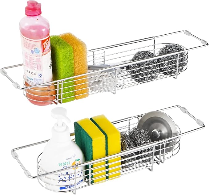 YQh Retractable Sink Drain Rack, 304stainless Steel Expandable Sink Storage Rack, Adjustabl Kitchen Sponge Drying Rack, soap Rack, Breathable Drainage (Adjustable Length 14in-18in)