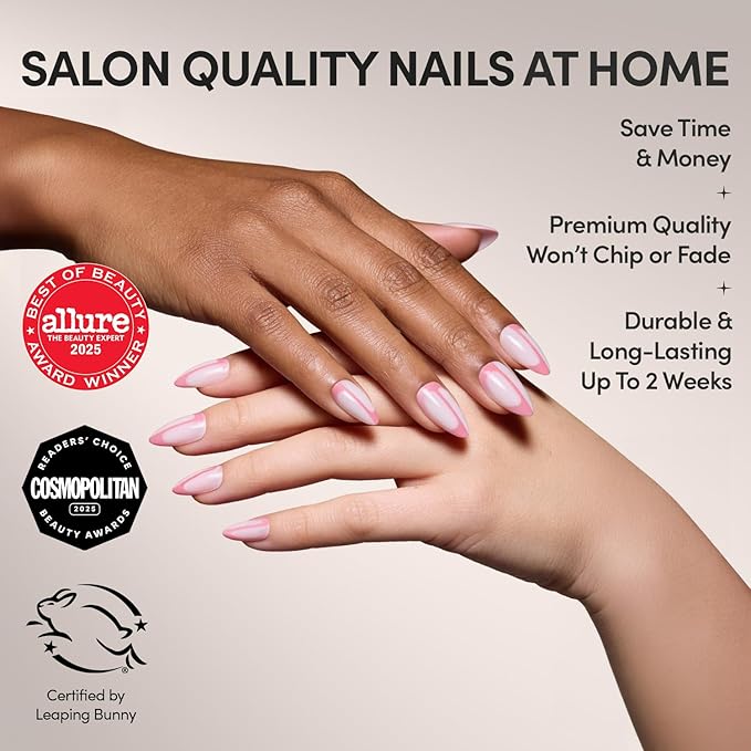 Glamnetic Press On Nails - Better Half | Glossy, Semi-Transparent Short Almond Nails with Pink Accents, Salon Quality | 15 Sizes - 30 Nail Kit with Glue