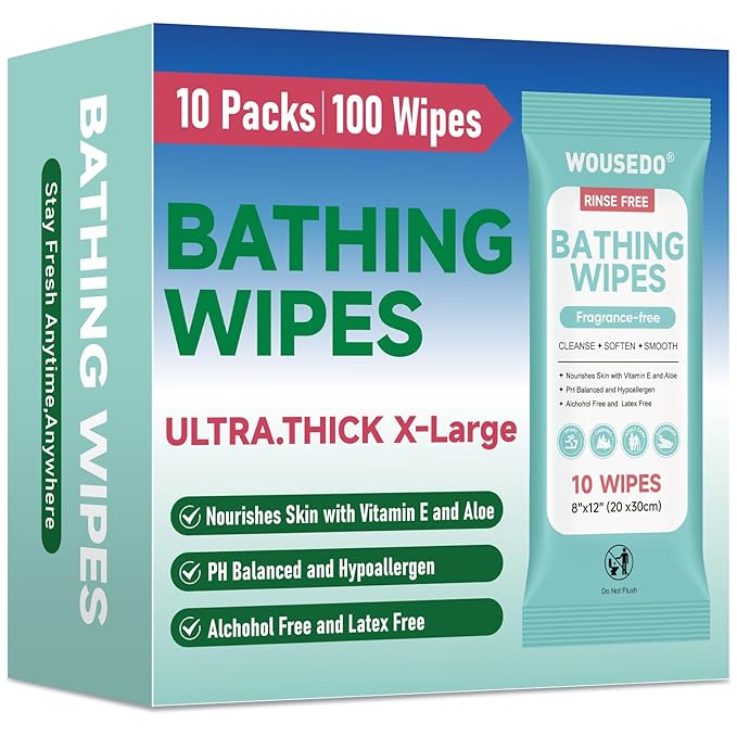 100 XL Bathing Wipes No Rinse for Adults, Shower Wipe - Extra Thick & Large Body Cleansing Wipe for Elderly, Men & Women, Soft & Gentle Disposable Bath Wipes for Travel, Camping