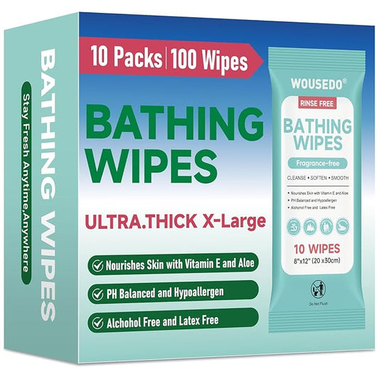 100 XL Bathing Wipes No Rinse for Adults, Shower Wipe - Extra Thick & Large Body Cleansing Wipe for Elderly, Men & Women, Soft & Gentle Disposable Bath Wipes for Travel, Camping