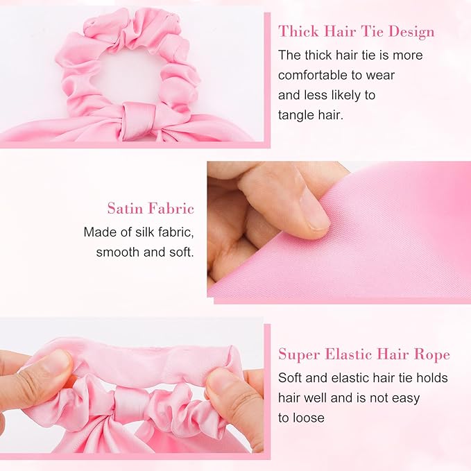 YALOJE 3PCS Scarf Scrunchies with Long Tails, Elastic Silky Satin Bow Hair Ties for Women, Ribbon Hair Scarf Scrunchy, Ponytail Holders Hair Decoration for Women -Pink, Blue, Purple