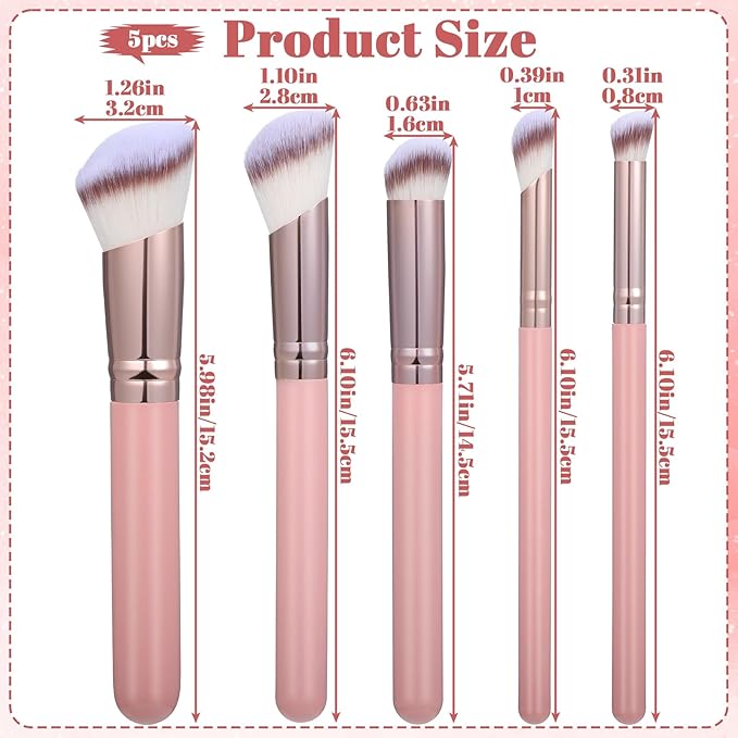 5PCS Angled Pink Makeup Brushes Set, Foundation, Concealer, Contour, Eyeshadow Brushe, Concealer, Foundation, Powder, Eyeshadow, Contour