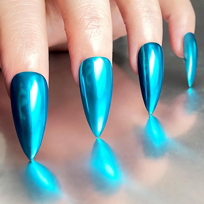 FNNZ Chrome Nail Powder, Metallic Lake Blue Nail Powder Pigment Premium Mirror Effect Salon Nail Art Glitter Dust for Gel Polish Decoration Home DIY Nail Manicure Supplies