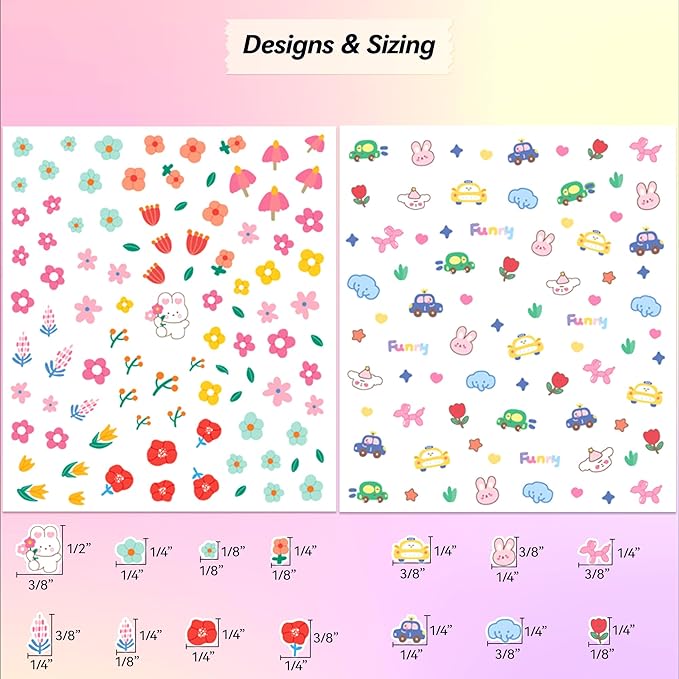 4 Sheets of 3D Nail Stickers - 292 Cute Nail Decals - Embossed Nail Stickers for Kids | Kawaii Theme - Flowers, Hearts, Bunny, Panda, Dinosaurs | Glow in The Dark