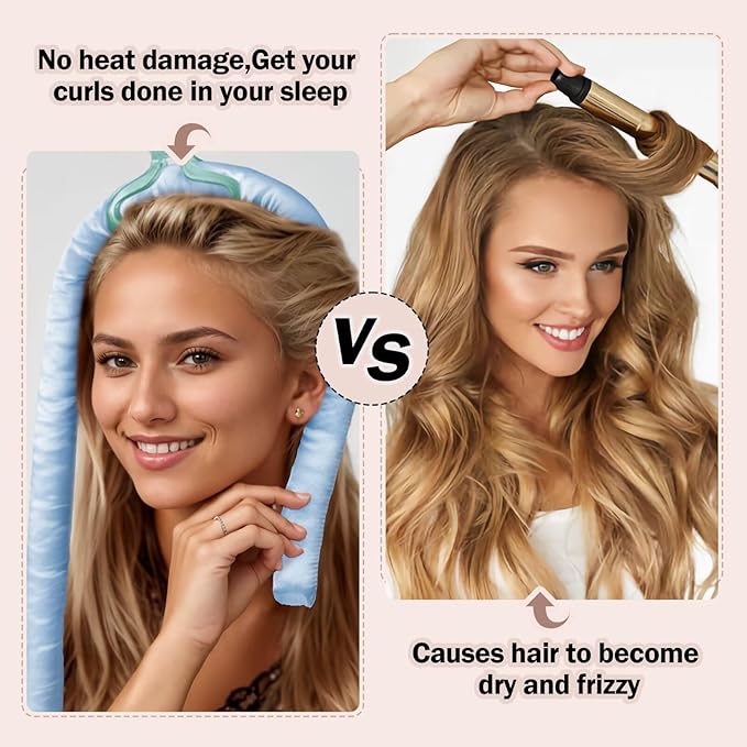 Heatless Hair Curler,Blowout Heatless Curls Overnight,No Heat Curling Rod Set with Satin Bonnet for Sleep in,Blue