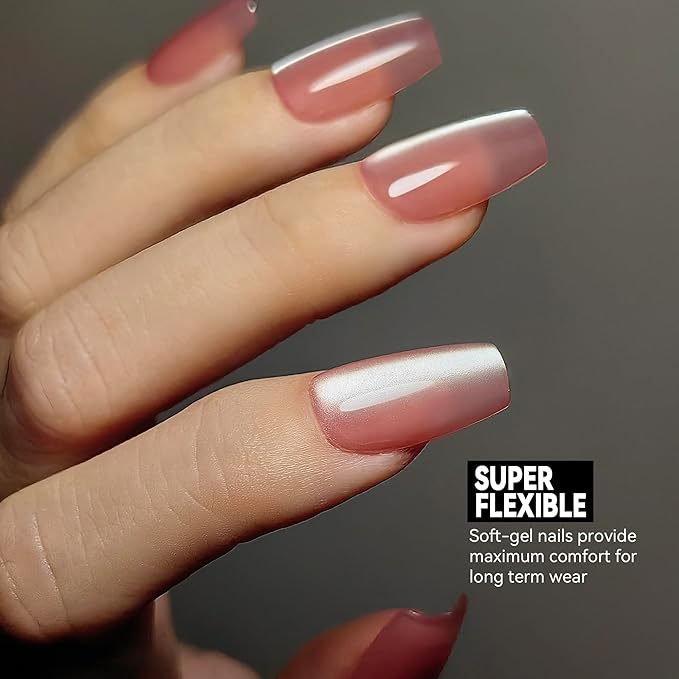 Okiyomi Pink Press on Nails - Pink Grapefruit Cat Eye Press on Nails | Magnetic Neutral Blush Shimmer - Medium Coffin Shape - 12 Sizes - 30 Soft Gel Fake Nails with Glue and Stick On Tabs