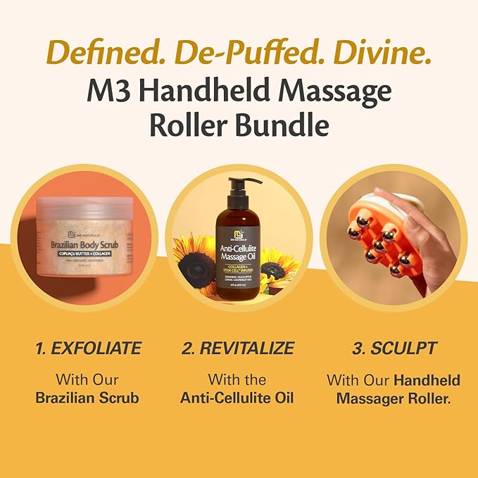 M3 Naturals Lymphatic Drainage Massager with Cooling Steel Rollers for Body Sculpting, Cellulite & Sore Muscles, Grip-Friendly with Ergonomic Design for Arms, Thighs, Glutes and Stomach Orange
