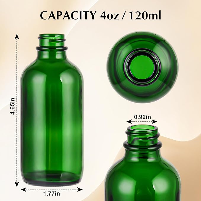 Exlvanto Small Glass Bottles with Lids Boston Round Shot Bottles for Health, Immunity, Ginger Juice, Essential Oils, Potion - Leak Proof Mini Travel Containers (Green UV, 4oz-24Pack)