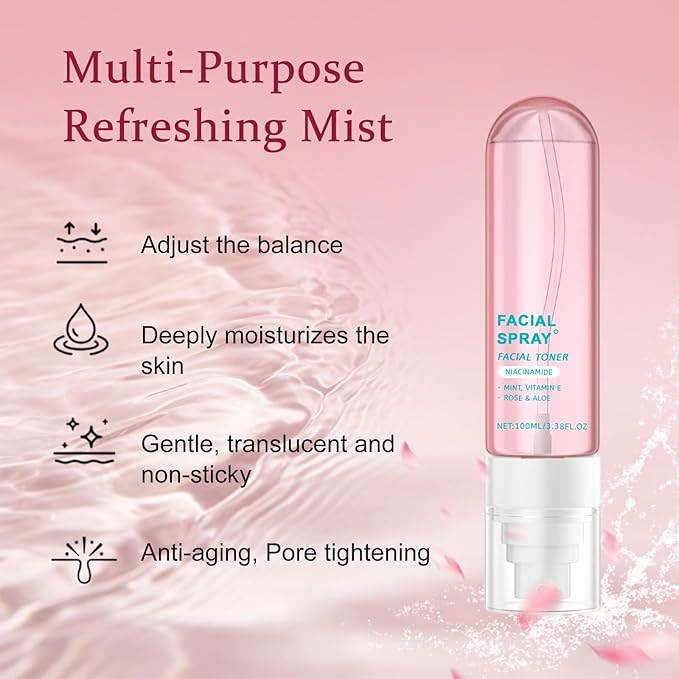 Nicotinamide Facial Spray with Rose, Aloe Extract & Vitamin E, Deep Hydration, Smooth and Hydrated Skin for All Skin Types, 3.38 fl oz