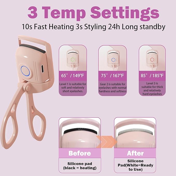 Anazzly Heated Eyelash Curler, Rechargeable Electric Eyelash Curler, 3-Level Temperature Control, 24 Hour Long Lasting Curl, Suitable for All Beauty Enthusiasts