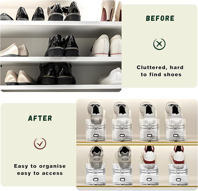 FENRUNXU 10 PACK Transparent Shoe Stacker,Shoe Slots Organizer for Closet, Shoe Display Space Saver,Adjustable Shoe Rack Organizer Holder for High Heels,Sneakers(Transparent)