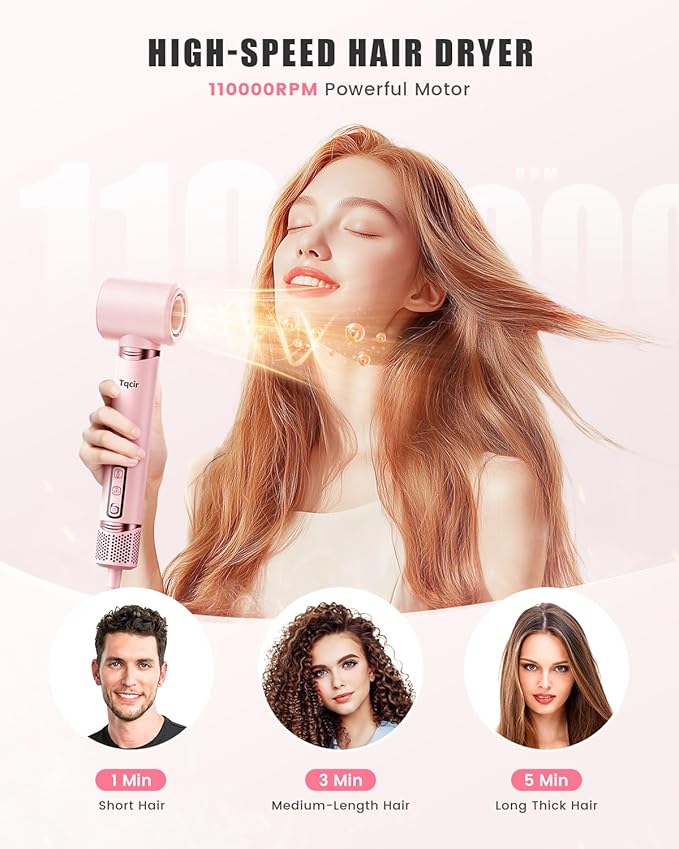 Tqcir 8-in-1 Professional Hot Air Styler&Hair Dryer Brush, Powerful Multi-Styler with Auto-Wrap Curler with Storage Case, Fast Drying Curling Straightening Volumizing Without Heat Damage(Pink)