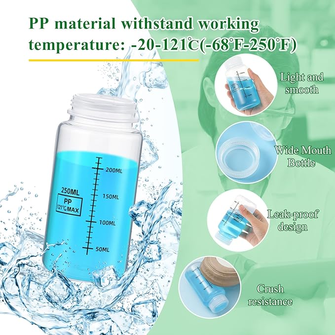 Tatuo 24 Pcs 8 oz 250 ml Polypropylene Plastic Sample Bottles with Screw Caps Sample Containers with Lid for Liquids, Reagent, Pill, Travel, Laboratory, Storage at Home (Wide Mouth-dark Scale)