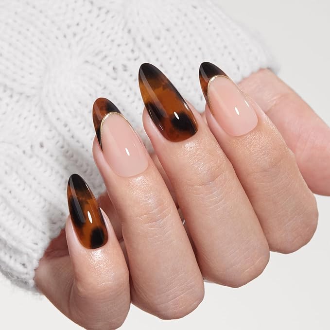 VSALON Press on Nails Medium Almond - Tortoise Shell French Tip Glue On Nails Kit for Women, Opaque Salon Quality Fake Nails - 32 PCS Stick on Nails in 16 Sizes with Glue & Cuticle Oil