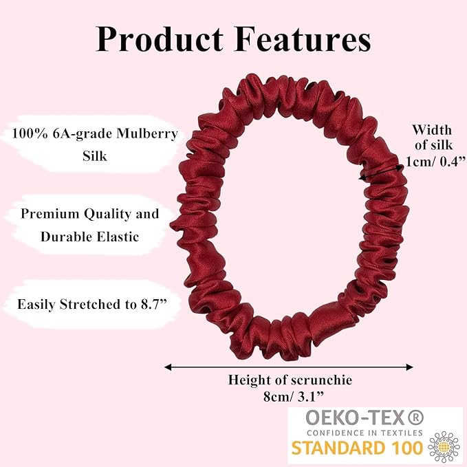 VLOMOT 3 Pcs Set 100% Pure Mulberry Silk Hair Scrunchies Hair Ties with 3 Chic Colors Everyday Skinny Scrunchies Silk Ponytail Holders Hair Care No Damage (Red)