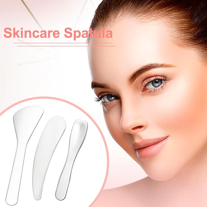 Pndeyo 3pcs Mini Metal Makeup Spatula, Reusable Cosmetic Cream Spatulas Spoon, Skincare Scoop Applicator Facial Massage Beauty Tools for Mixing and Sampling Face Eye Cream- Silver