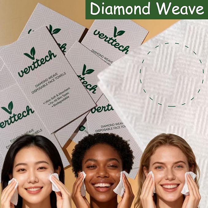 verttech™ Diamond Weave Face Towelettes Disposable XL, 100 Count (2PK), 10"x12" Clean Towels for Face, Disposable Facial Towels & Washcloths, Makeup Remover Wipes & Face Towels Clean Skin