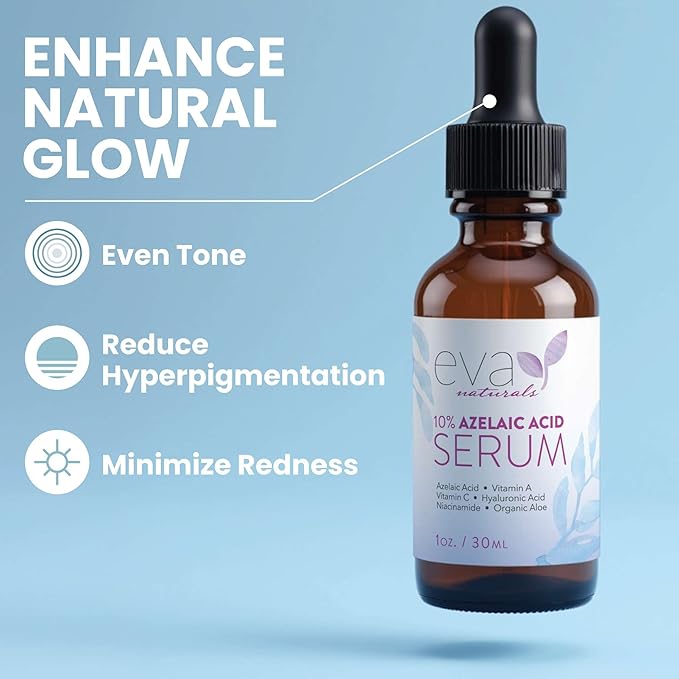 Eva Naturals 10% Azelaic Acid Serum for Face – Niacinamide, Hyaluronic Acid – Redness Relief, Dark Spots, Uneven Skin Tone, Texture, Pores, Topical Booster for Clearer, Smoother Skin, 1oz