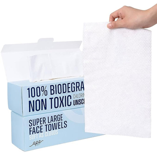 Clean XL Disposable Face Towels 11.8"×7.8", 100% Biobased Biodegradable Viscose, Ultra Soft & Hygienic Facial Towelettes for Makeup Removal and Skincare, Safe for All Skin Types, 120 Count, 2 Packs