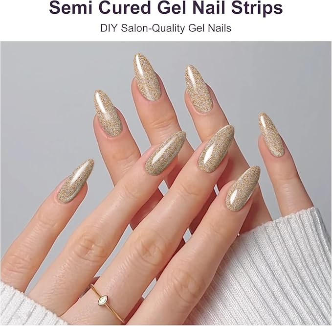 DUKASOU Semi Cured Gel Nail Strips, 56Pcs Nail Art Stickers/Wraps, Long Lasting UV Nail Polish Strips for Adults(Pink+Gold)