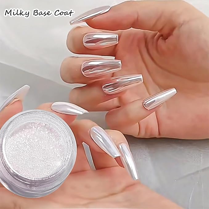 Pearl Chrome Nail Powder BISHENGYF -【Fairy Effect】Pink Chrome Nail Powder White Pearlesent Aurora Mermaid Iridescent Nail Chrome Powder, Metallic Mirror Glitter Pigment Dust For Nail Art DIY 2PCS