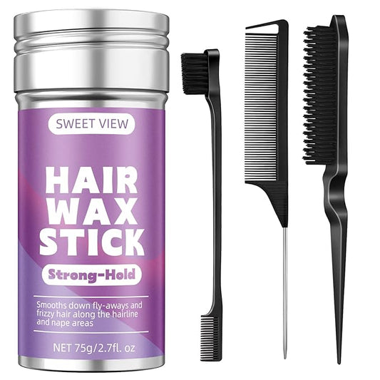 SWEET VIEW Hair Wax Stick & Slick Back Hair Brush for Tame Flyaways, Frizz, Sleek Ponytails, Buns | Pomade/Balm/Gel Stick for Woman, Styling Accessories for Girls