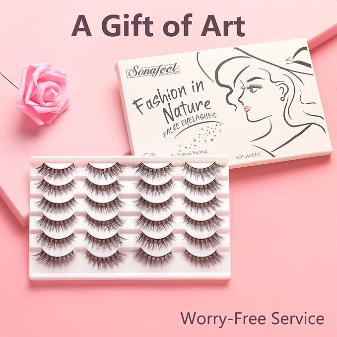 SONAFEEL Eye Lashes Natural Look 3d Mink Natural Eyelashes 15mm 12Pairs Cat Eye Light Reusable False Eyelashes Pack