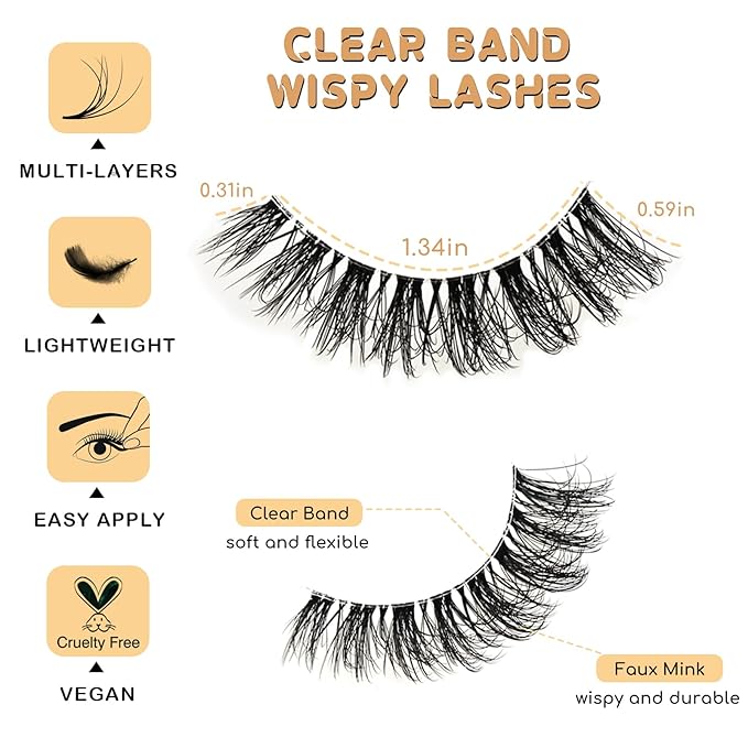 Lashes False Eyelashes Natural Wispy Lash Strips Clear Band Fake Eyelash Pack 14 Pairs Cat Eye Strip Lashes Set Fluffy Mink Eyelashes Natural Look Short Wispies Pestañas Postizas for Women