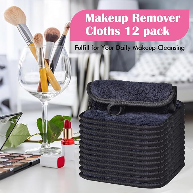 BloomSesame Makeup Remover Cloths for Face, Eye, Lips - Reusable Face Cleansing Cloth Microfiber Makeup Remover Pads 5 x 5 inch 6 Pack (Black)