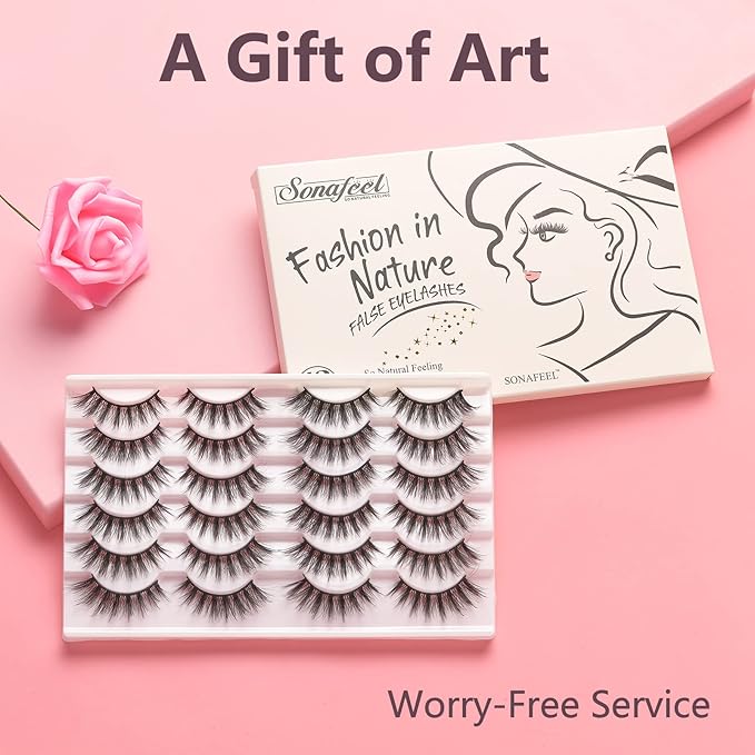 SONAFEEL Wispy Lashes Hybrid Eyelashes Cat Eye Lashes Natural Look 15mm 12Pairs Strip Lashes Pack 3d Mink Lashes Fluffy Lightweight Reusable Fake Eyelashes