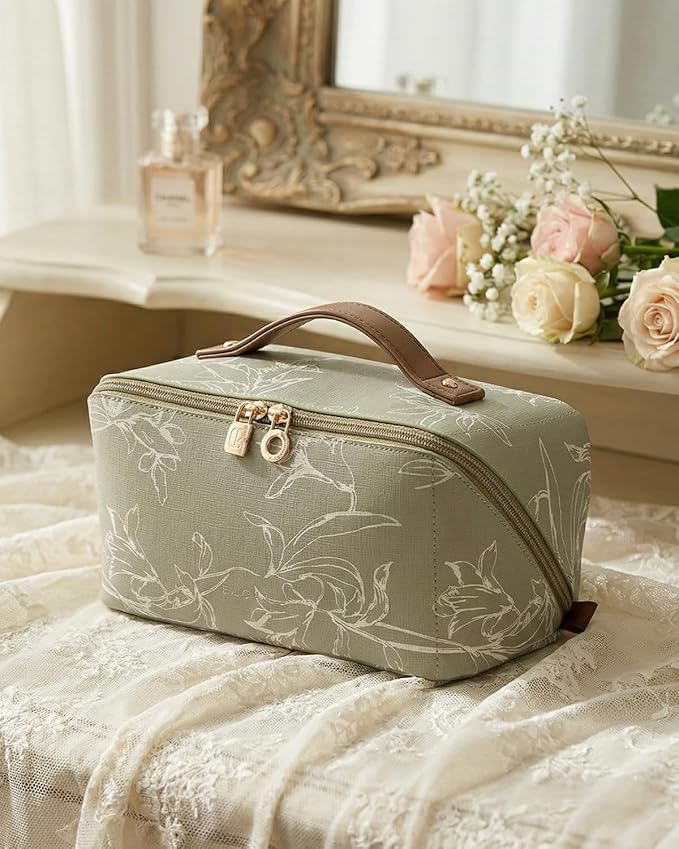 EACHY Travel Makeup Bag,Large Capacity Cosmetic Bags for Women,Waterproof Portable Pouch Open Flat Toiletry Bag Pattern Makeup Bag (F-Green-Large)