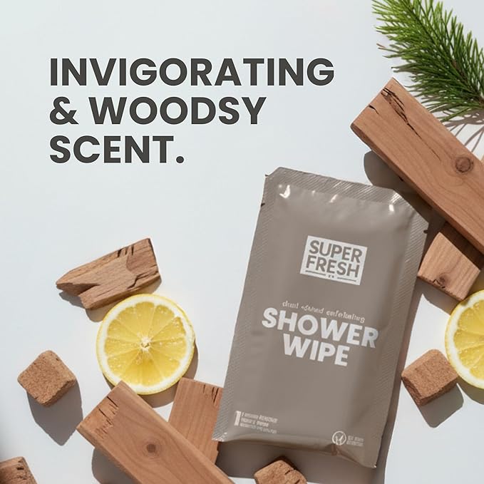 Super Fresh Shower Wipes Large Sandalwood Body Wipes for No Rinse Bathing Personal Hygiene Gym Travel or Camping Enriched with Aloe and Vitamin E 50 Individually Wrapped Disposable Sheets