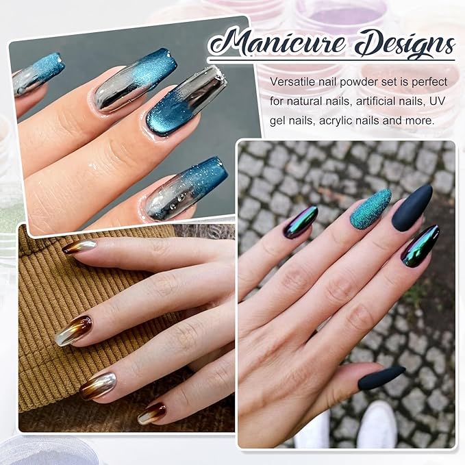 SUTOKAKA 24 Colors Chrome Nail Powder Set Holographic Iridescent Mirror Effect Metallic Nail Powder Unicorn Aurora Pearl Dust Nail Pigment for Gel Nails DIY Nail Decorations