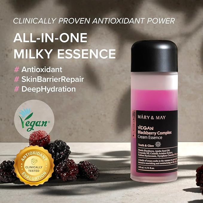 Mary&May Vegan Blackberry Cream Essence | Milky Essence Toner | Deep Hydration | Korean Skincare | Strengthens Skin Barrier | Plumping & Firming | Lightweight Formula (140ml/4.73 fl.oz.)
