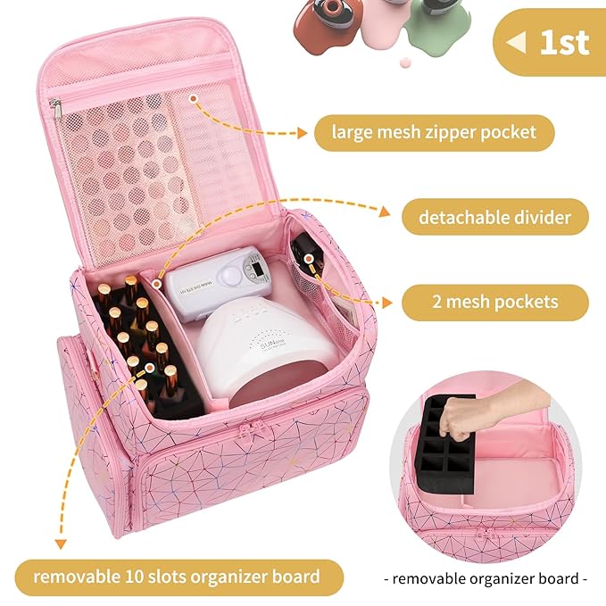CUBETASTIC Extra Large Nail Polish Organizer Case Holds 86 to 100+ Bottles Nail Polish & Nail Lamp, Nail Supplies Storage Carrying Bag with 2 Removable Pouches (Triangle Pink, 86 Slots)