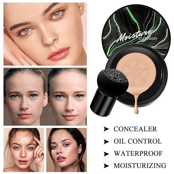 Mushroom Head Air Cushion CC Cream Nature Foundation, Moisturizing BB Cream Long Lasting Matte Concealer, Bright Makeup Base Long Lasting with Mushroom Makeup Sponge (#02 Natural)