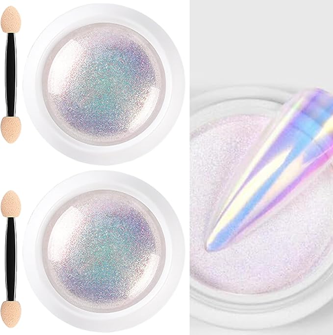 Mermaid Chrome Nail Powder, 2PCS 0.3g Nail Chrome Powder, Kit with Sponge Stick, DIY Pearl for Gel Polish Art Decoration
