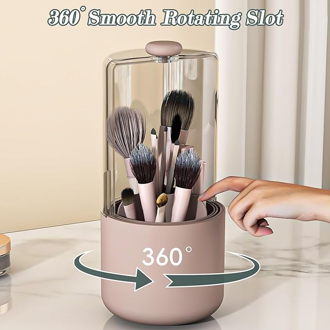 Zufudo Makeup Brush Holder with Dustproof Cover, Clear 360 Rotating Make Up Brushes Organizer for Counter Vanity Bathroom, Pink