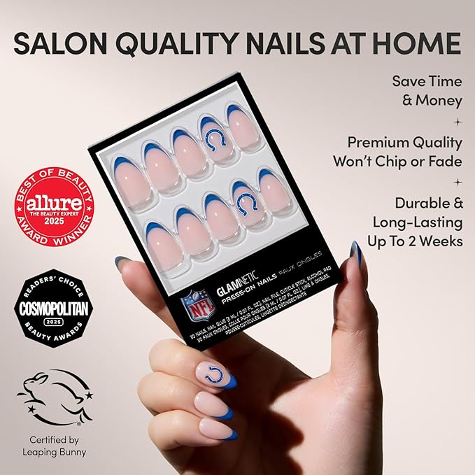 Glamnetic x Fanatics Press On Nails - Indianapolis Colts | Short Almond Fake Nails, NFL Colts Blue French Tips, Football Nails, Salon-Quality | 15 Sizes - 30 Nail Kit with Glue