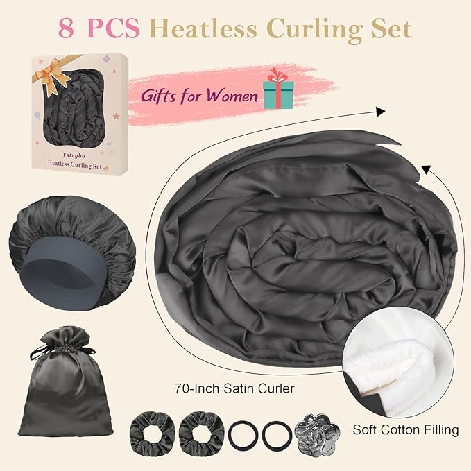 Ystrybo Satin Heatless Hair Curler Curls Overnight Hair Curlers to Sleep in, Hair Curlers No Heat Curls Overnight, Heatless Curling Set for Women Long Hair - 8 Pcs (Dark Gray)